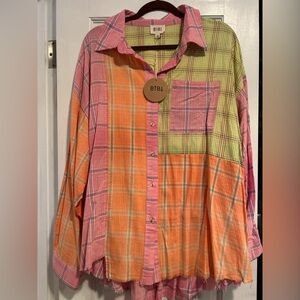 BiBi Plaid Collared Neck button down shirt NWT